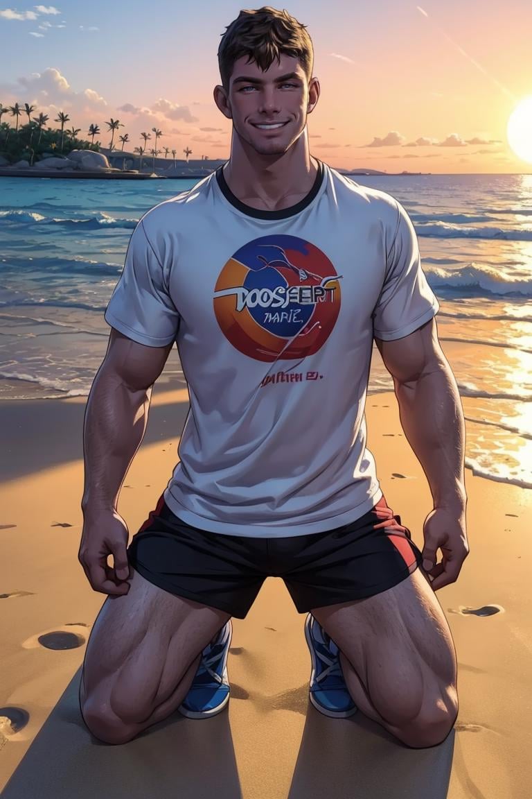 (masterpiece,  best quality:1.2),  smirk,  (depth of field:1.1),  photo of person,  t-shirt,  shorts,  beach,  kneeling,  portrait,  masterpiece,  highness,  perfect face,  perfect picture,  detailed eyes,  sharp focus,  sunset, <lora:EMS-74673-EMS:1.000000>