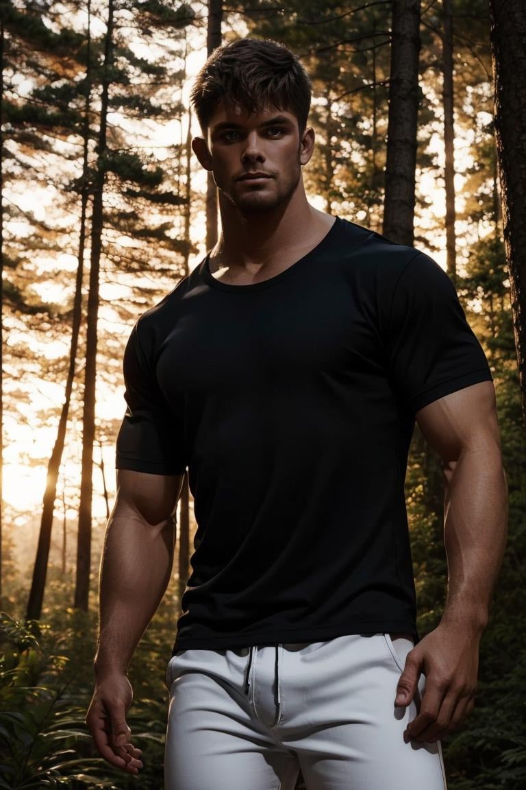 photo of person,  man,  muscular,  male,  , ,  black shirt,  looking to viewer,  full body,  white pants,  serious,  on the forest,  sunset,  cinematic lighting,  detailed face,  detailed eyes,  masterpiece,  high_res,  perfect face,  ,  High detailed, <lora:EMS-74673-EMS:1.000000>