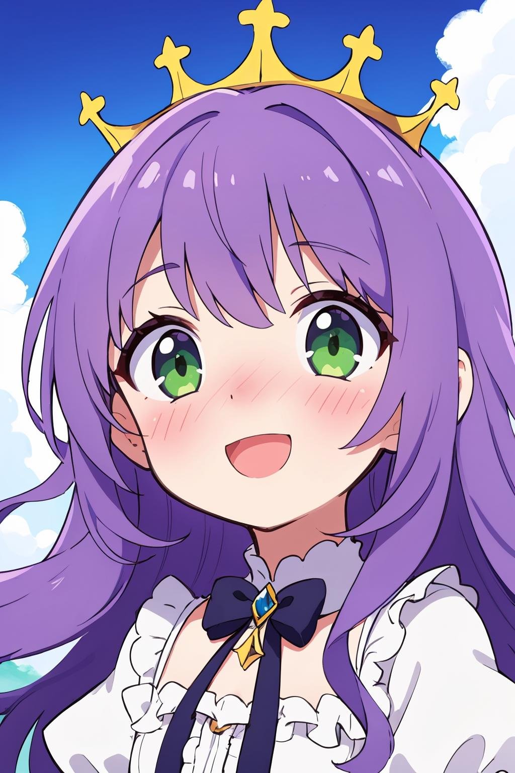 masterpiece, best quality, solo, petite,long hair, wavy hair, purple hair, green eyes, dress, open mouth, nose blush, surprised, smile, frills, crown,portrait, blue sky, cloud,