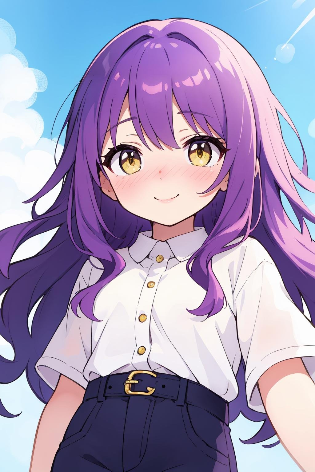 masterpiece, best quality, solo, petite,long hair, wavy hair, purple hair, yellow eyes, nose blush, seductive smile, pants,portrait, blue sky,