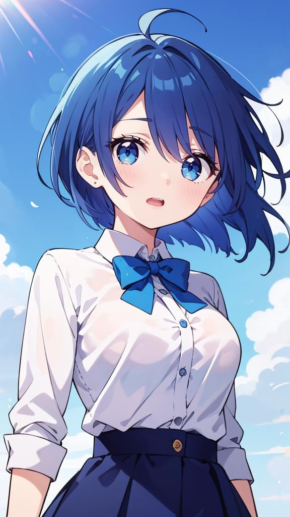 masterpiece, best quality, solo, petite,short hair, blue hair, straight hair, blue eyes, white shirt, open mouth, bowtie, large breasts, button gap, blank eyes,blue sky, wind,