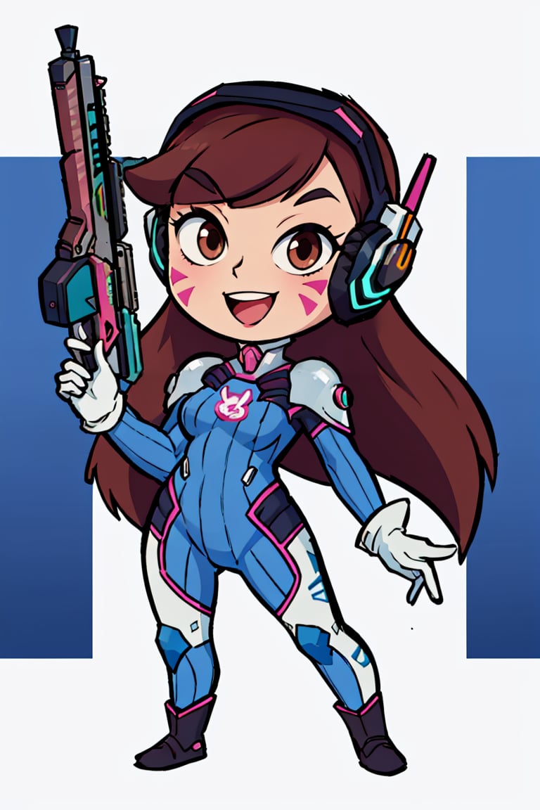 masterpiece, best quality, highres, aahana, long hair, brown hair, headphones, whisker markings, shoulder pads, blue bodysuit, ribbed bodysuit, animal print, clothes writing, long sleeves, white gloves, <lora:d.va_v1:0.8>, cowboy shot, standing, holding weapon, handgun, smile, open mouth, cyberpunk,