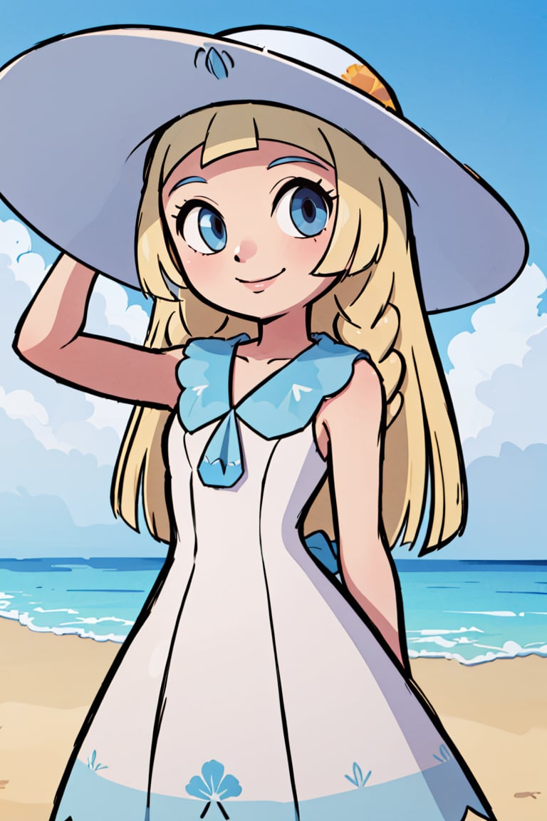 masterpiece, best quality, highres, aalillie, long hair, braid, sun hat, white headwear, collarbone, sleeveless dress, white dress, <lora:lillie_(pokemon)_v1:0.7>, smile, outdoors, tropical beach, cowboy shot