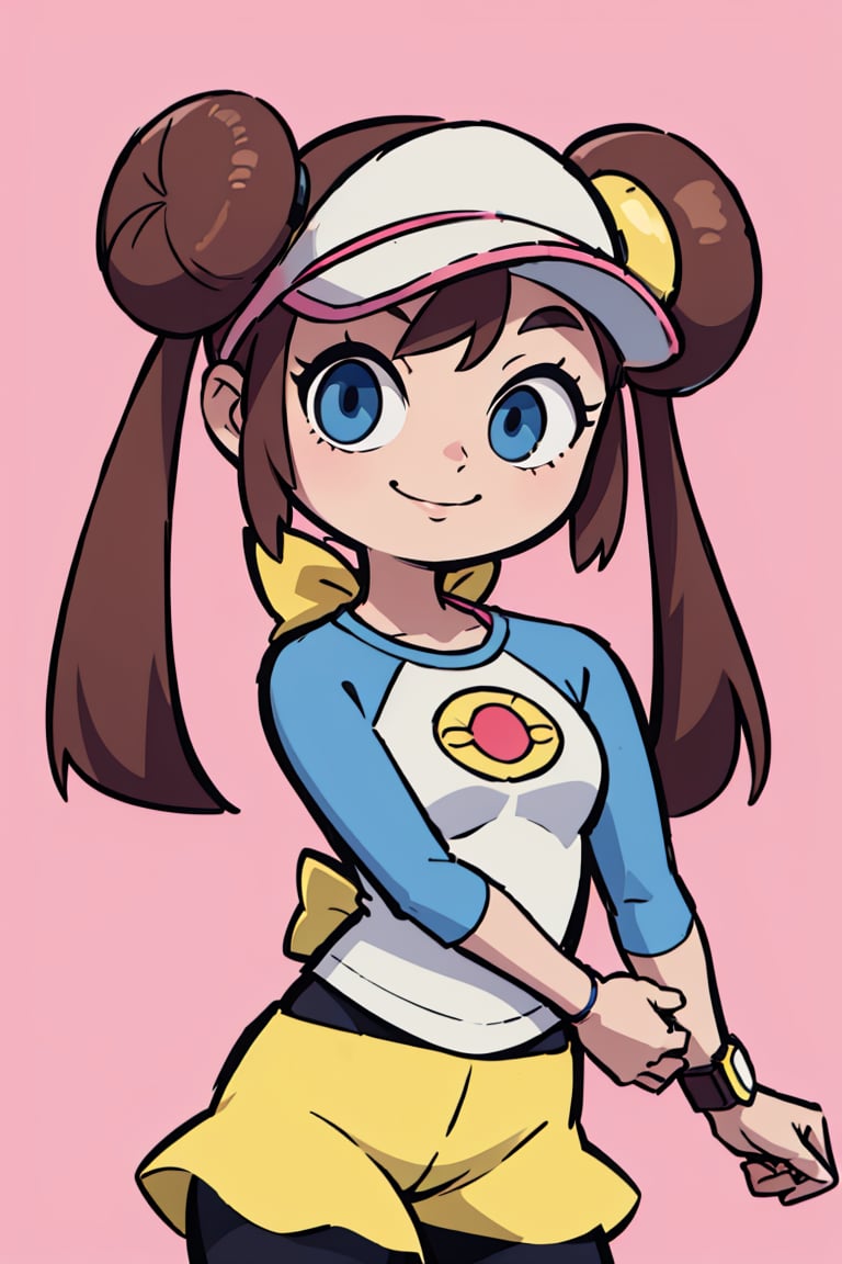 ((masterpiece,best quality)), absurdres, long hair,  <lora:rosa_(pokemon)_v10:0.7>, ro1, hair bun, blue eyes, twintails, visor cap, pantyhose, raglan sleeves, yellow shorts, shirt, pink bow, wristwatch, solo, smiling, looking at viewer, cowboy shot,  ,