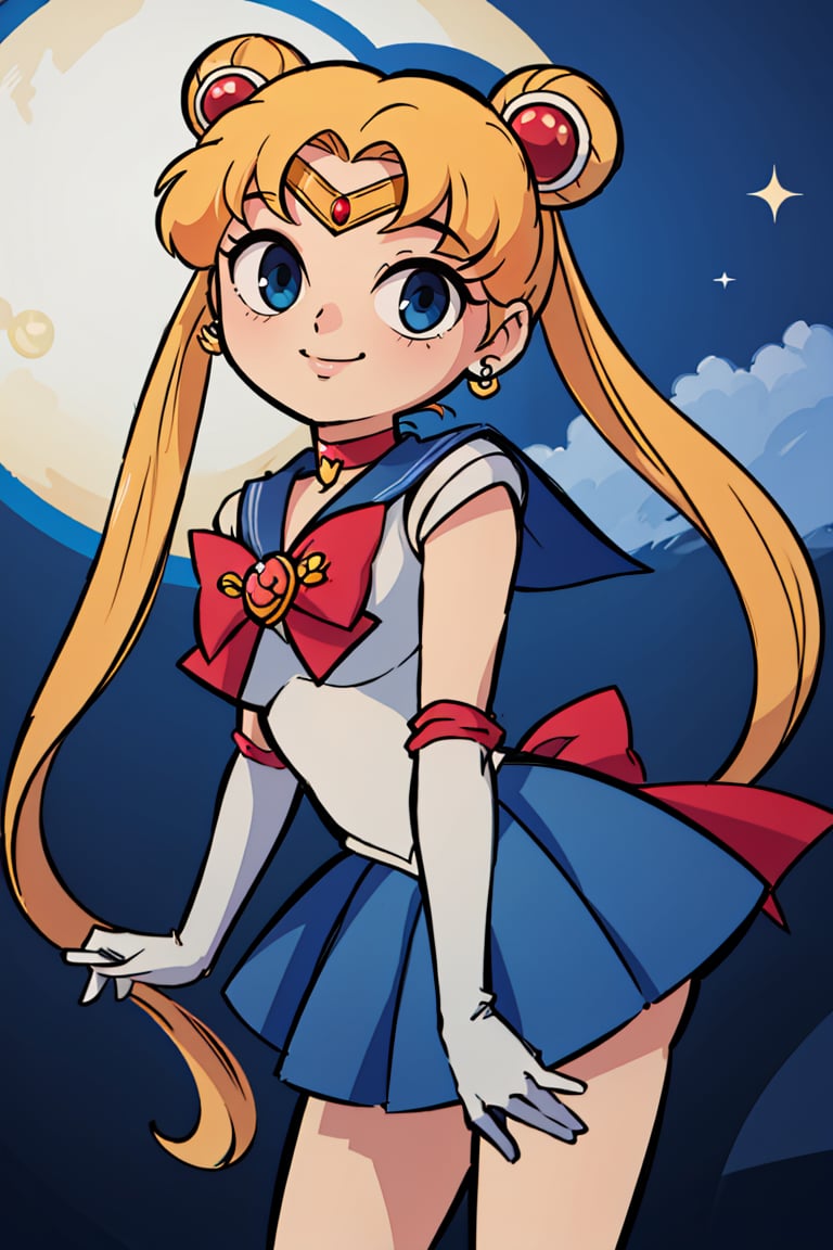 masterpiece, best quality, highres, 1girl, aausagi, double bun, twintails, parted bangs, circlet, jewelry, earrings, choker, red bow, white gloves, elbow gloves, blue skirt, <lora:sailor_moon_v1:0.7>, standing, cowboy shot, night, outdoors, moon, smile