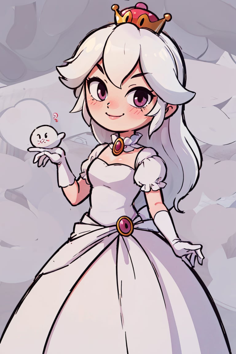 ((masterpiece,best quality)), absurdres, <lora:Boosette_Mario_Anime:0.9>, Boosette_Mario, 1girl, long hair, white hair, long white dress, ballroom dress, white gloves,  solo, smiling, blushing, looking at viewer, cowboy shot, 