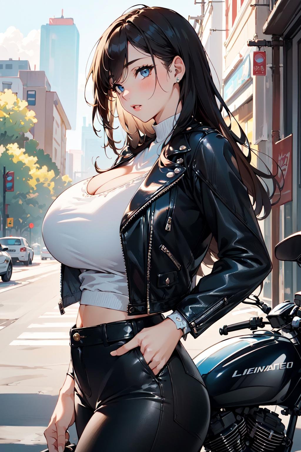 (masterpiece, best quality, hires, high resolution:1.2), (beautiful, aesthetic, perfect, delicate, intricate:1.2), (depth of field:1.2), (1girl, solo), (sexy biker woman), (gigantic breasts), (leather jacket), (leather pants), (cowboy shot), 