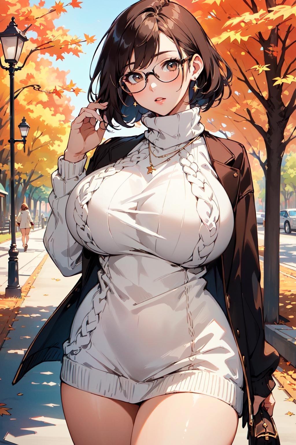 (masterpiece, best quality, hires, high resolution:1.2), (beautiful, aesthetic, perfect, delicate, intricate:1.2), (depth of field:1.2), (mature woman), (a sexy woman walking at a park), (huge breasts), (tight one piece knit sweater), (long knit sweater), brown open jacket, (no pants, no shorts), (thick frame glasses), (autumn), (cowboy shot),