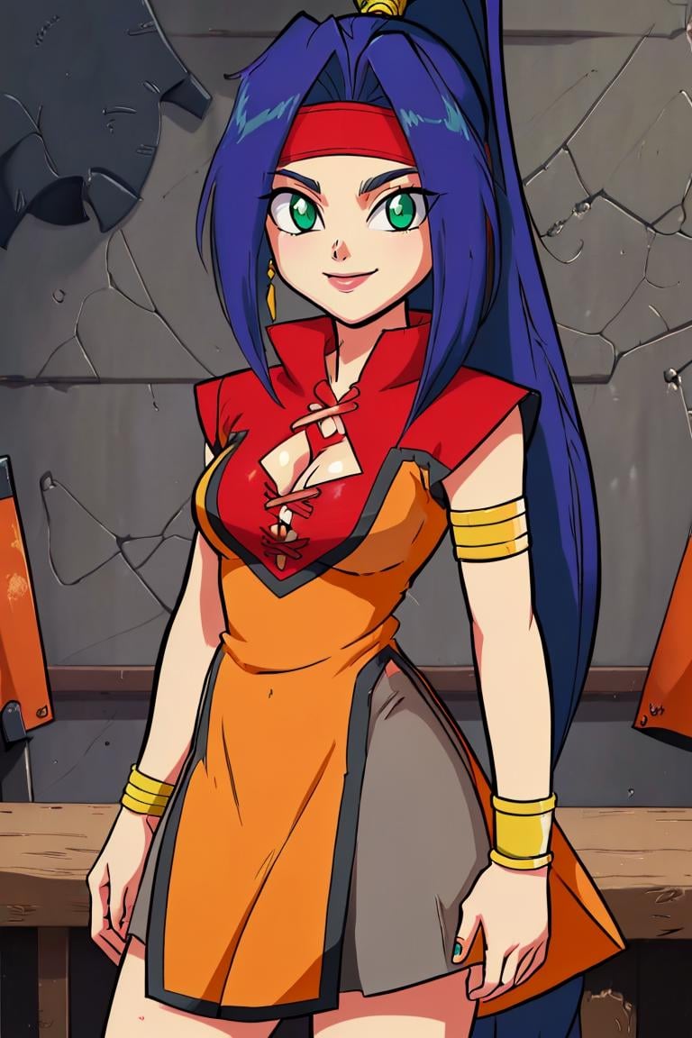 <lora:Diives_Style:0.8>,((masterpiece,best quality)), absurdres, <lora:Mariam_Beyblade:0.8>, Mariam_Beyblade,  1girl, solo, green eyes, long hair, blue hair, ponytail,  orange dress, grey skirt, bracelet, clothing cutout, headband, hair intakes, high ponytail, armlet, cleavage,  solo, smiling, looking at viewer, cowboy shot, 