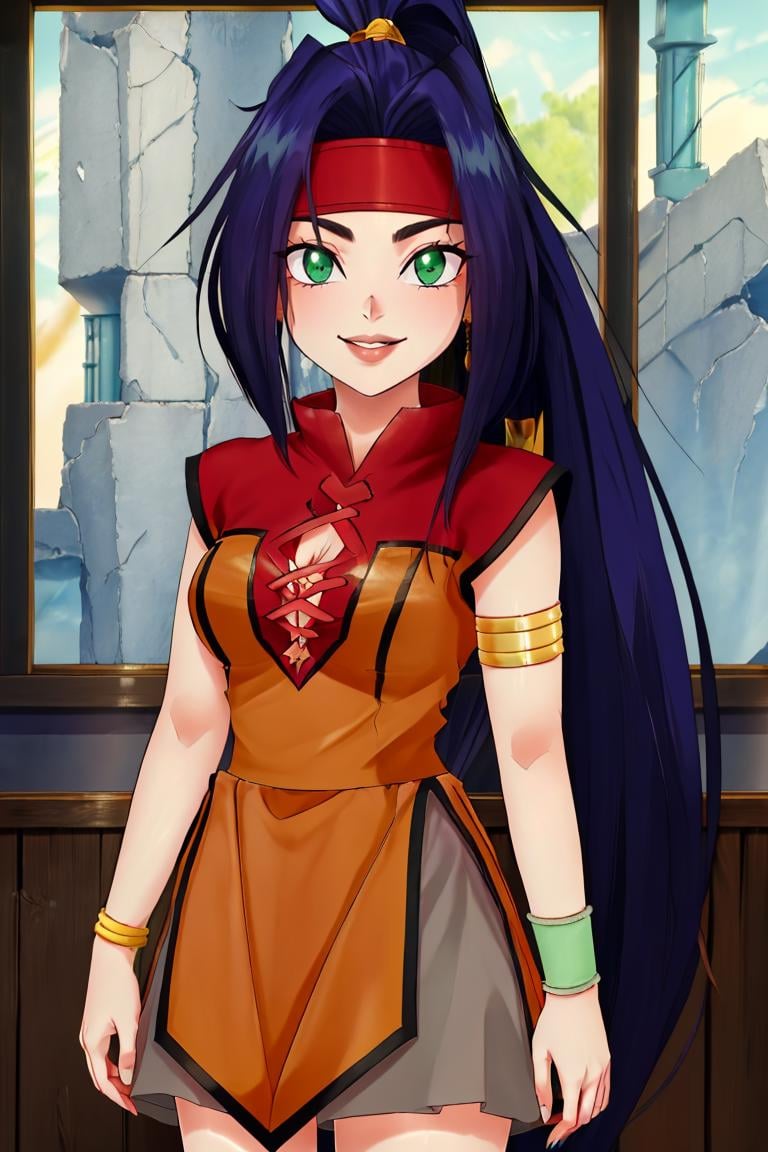 <lora:Puppypaww_Style:0.8>,((masterpiece,best quality)), absurdres, <lora:Mariam_Beyblade:0.8>, Mariam_Beyblade,  1girl, solo, green eyes, long hair, blue hair, ponytail,  orange dress, grey skirt, bracelet, clothing cutout, headband, hair intakes, high ponytail, armlet, cleavage,  solo, smiling, looking at viewer, cowboy shot, 