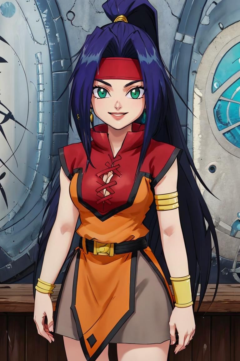 <lora:Style_of_the_Winds :0.8>,((masterpiece,best quality)), absurdres, <lora:Mariam_Beyblade:0.8>, Mariam_Beyblade,  1girl, solo, green eyes, long hair, blue hair, ponytail,  orange dress, grey skirt, bracelet, clothing cutout, headband, hair intakes, high ponytail, armlet, cleavage,  solo, smiling, looking at viewer, cowboy shot, 