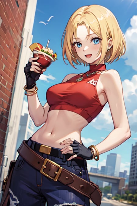 <lora:MaryBlue-03:0.7>, marykof, 1girl, solo, smile, short hair, open mouth, blue eyes, blonde hair, gloves, navel, holding, bare shoulders, jewelry, food, midriff, belt, pants, fingerless gloves, necklace, bracelet, cup, crop top, hand on hip, burger