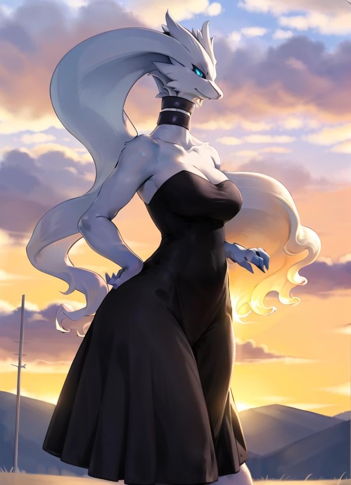 female (reshiram), (standing), clothed, clothing, (blue dress), field, grass, sky, clouds, smile, closed mouth, looking at viewer, white body, blue eyes, chokers, (white hair), long hair, anthroified, (solo), (full body), side view,masterpiece, (detailed face), (detailed eyes), ringed eyes, slit pupils, detailed fabric, high res, absurd res, raytracing, <lora:reshiram_AT3_V1.1-6:0.8>