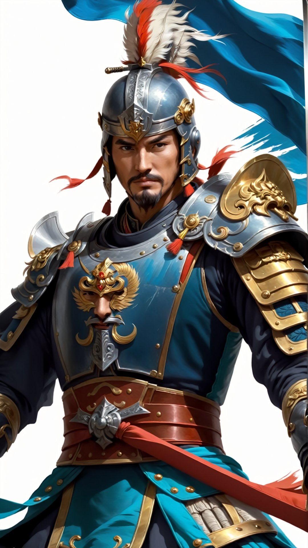 (Ancient military commander style) game cg (surreal thick brush strokes: 1.5) The swordsman has a square face and a strong jawline. His sword posture is resolute and powerful, like an iron horse and a mighty sword. His face revealed a sense of loyalty and pride, as if it were a flag on the battlefield.