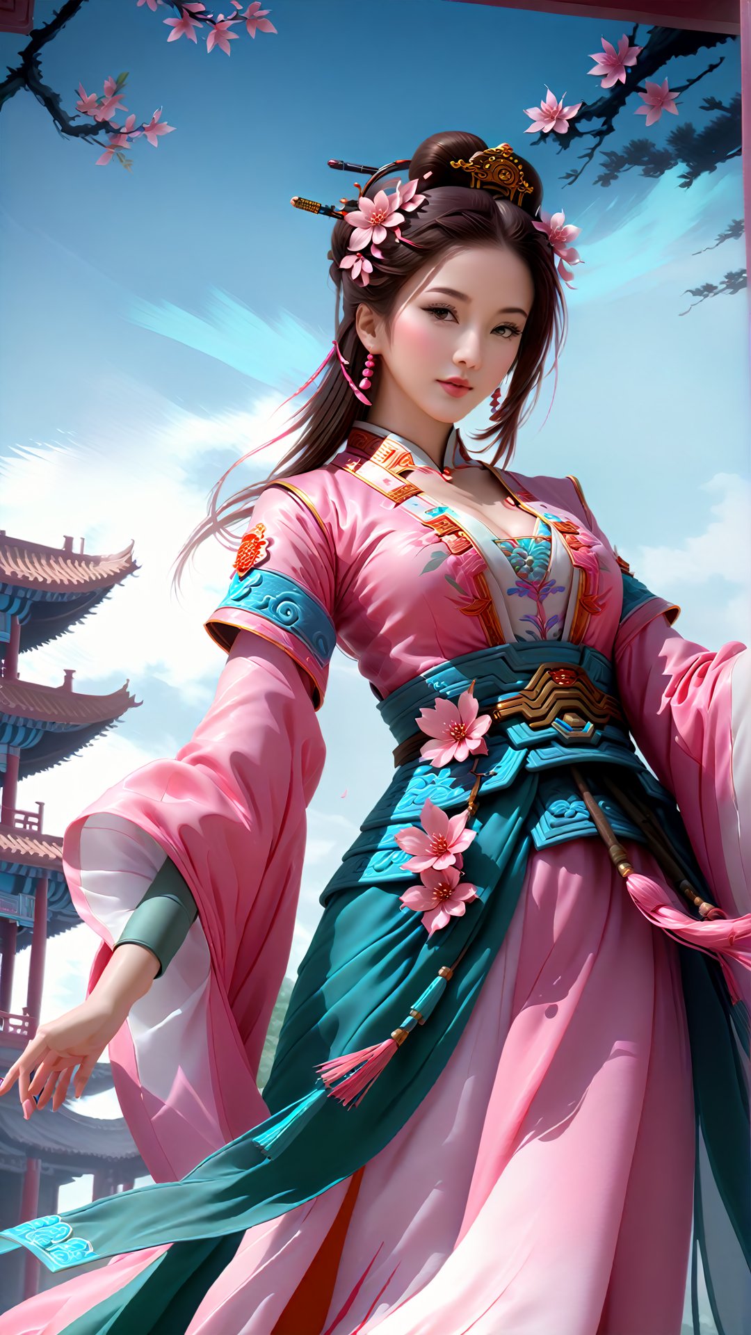 (Ancient military commander style) game cg (surreal thick brush strokes: 1.5) (special perspective: 1.5) (ancient Chinese style color) The pink beauty is leaning in the antique pavilion, with a charming face. Through the effect of perspective, her cheeks are as charming as peach blossoms, complementing the shadows of flowers in the pavilion. The Chinese perspective makes her beauty even more enchanting.