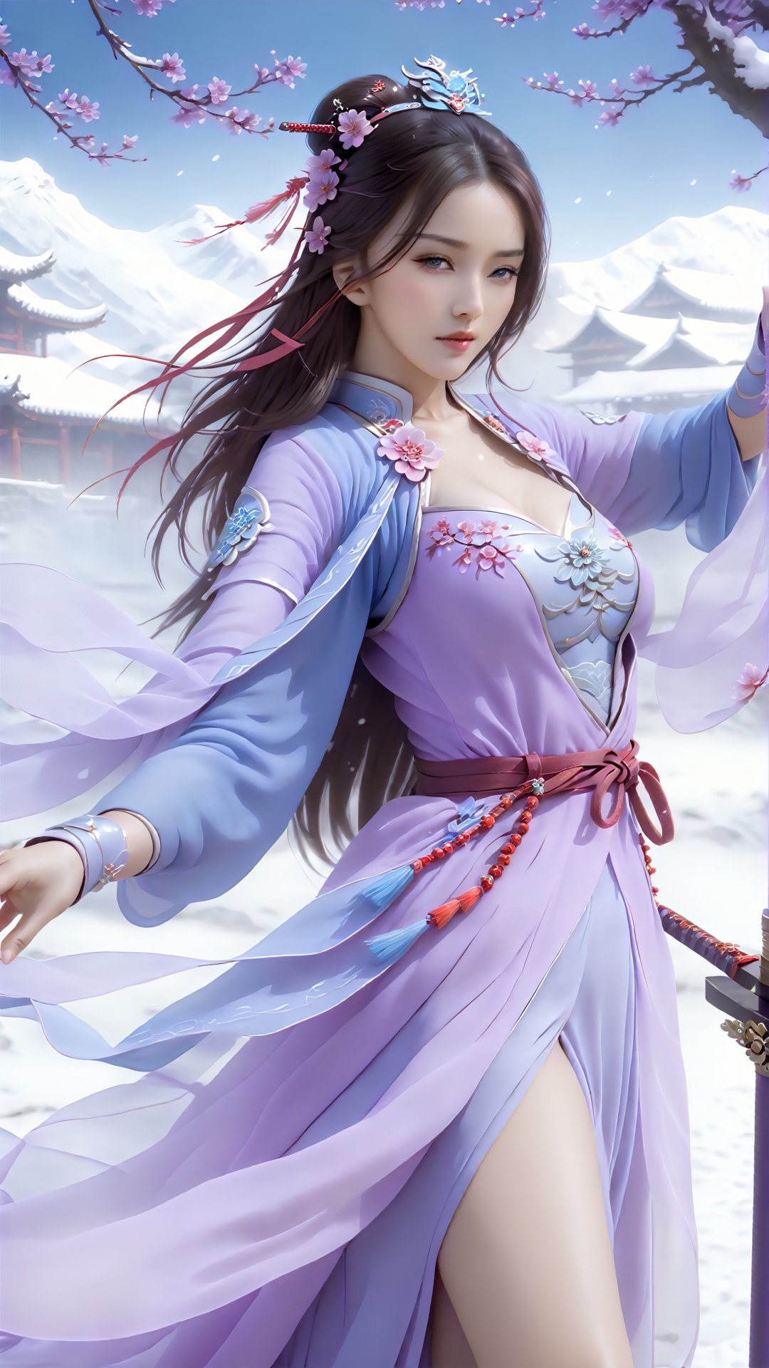 (Ancient military commander style) game cg (surreal thick strokes: 1.5) Mei Xue Sword Princess, a soft and beautiful woman, with a gentle and wide face, and smooth lines like a stream. She was wearing a lavender moiré dress, and her sword dance looked like plum blossoms dancing in the snow. There is a touch of melancholy and fragrance on her face, as if she was a woman riding a horse to travel south in ancient times.