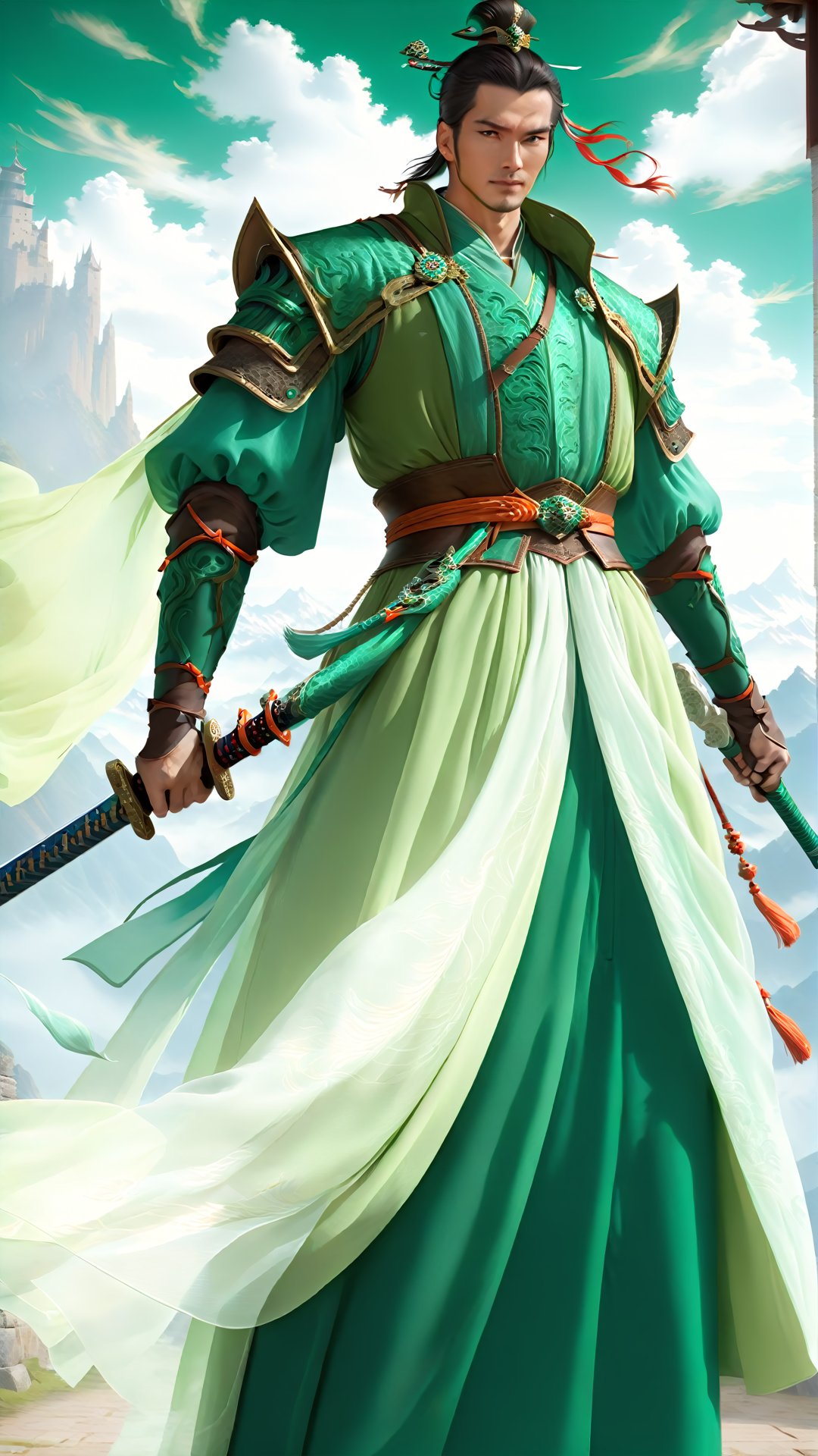 (Ancient military commander style) game cg (surreal thick strokes: 1.5) Qingyun Swordsman, a handsome man with a broad and tall face, and strong lines like mountains. He was wearing a green splendid gown, with a sword on his waist. The sword posture seemed to be like the mountains and rivers rolling in clouds. There is a majestic and chic look on his face, just like the chivalrous style of the medieval period.