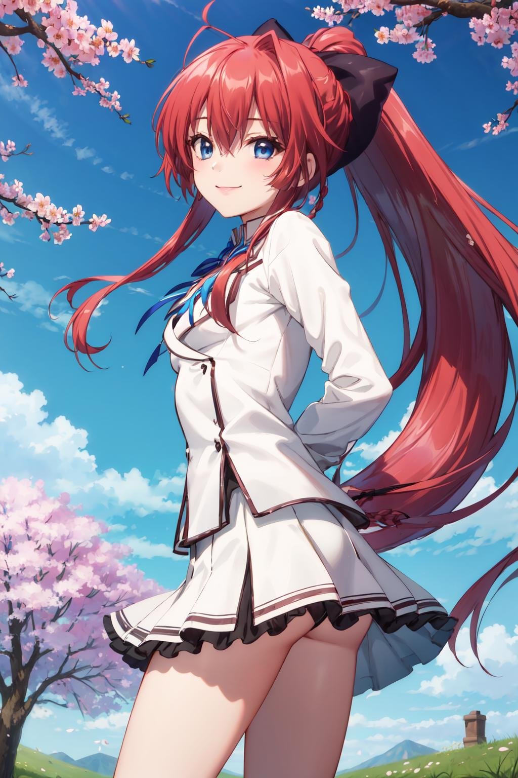 masterpiece,best quality,highres,ultra-detailed,inui sana,blue eyes,long hair,high ponytail,ahoge,braid,hair between eyes,bangs,hair bow,school uniform,neck ribbon,long sleeves,white jacket,collared shirt,juliet sleeves,white skirt,(black socks:1.2),(kneehighs:1.2),loafers,<lora:inui_sana:0.8>,outdoors,cherry blossoms,standing,smile,cowboy shot,arms_behind_back,