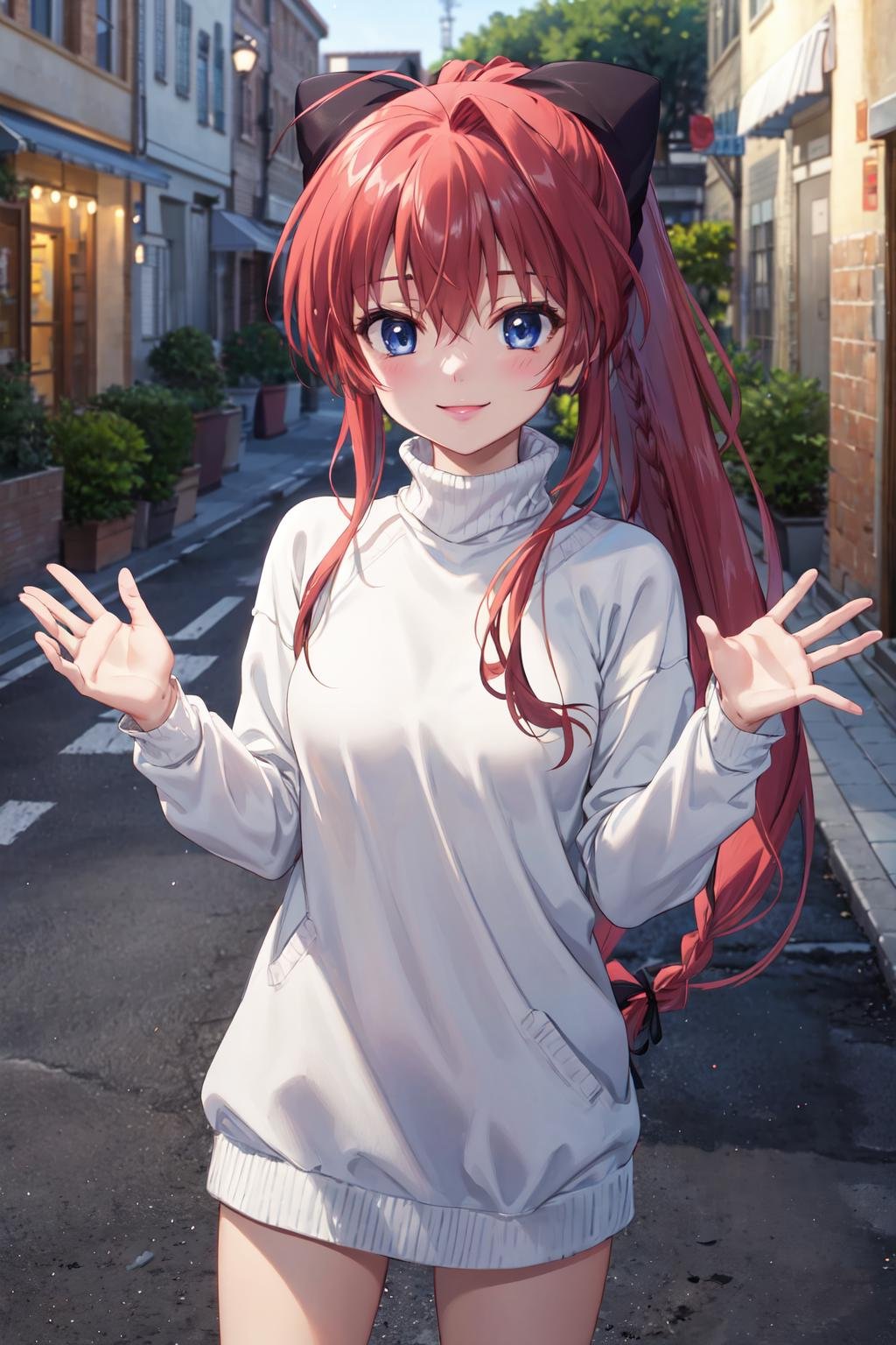 masterpiece,best quality,highres,ultra-detailed,inui sana,blue eyes,long hair,high ponytail,ahoge,braid,hair between eyes,bangs,hair bow,<lora:inui_sana:0.8>,sweater,turtleneck,street,smile,standing,waving,