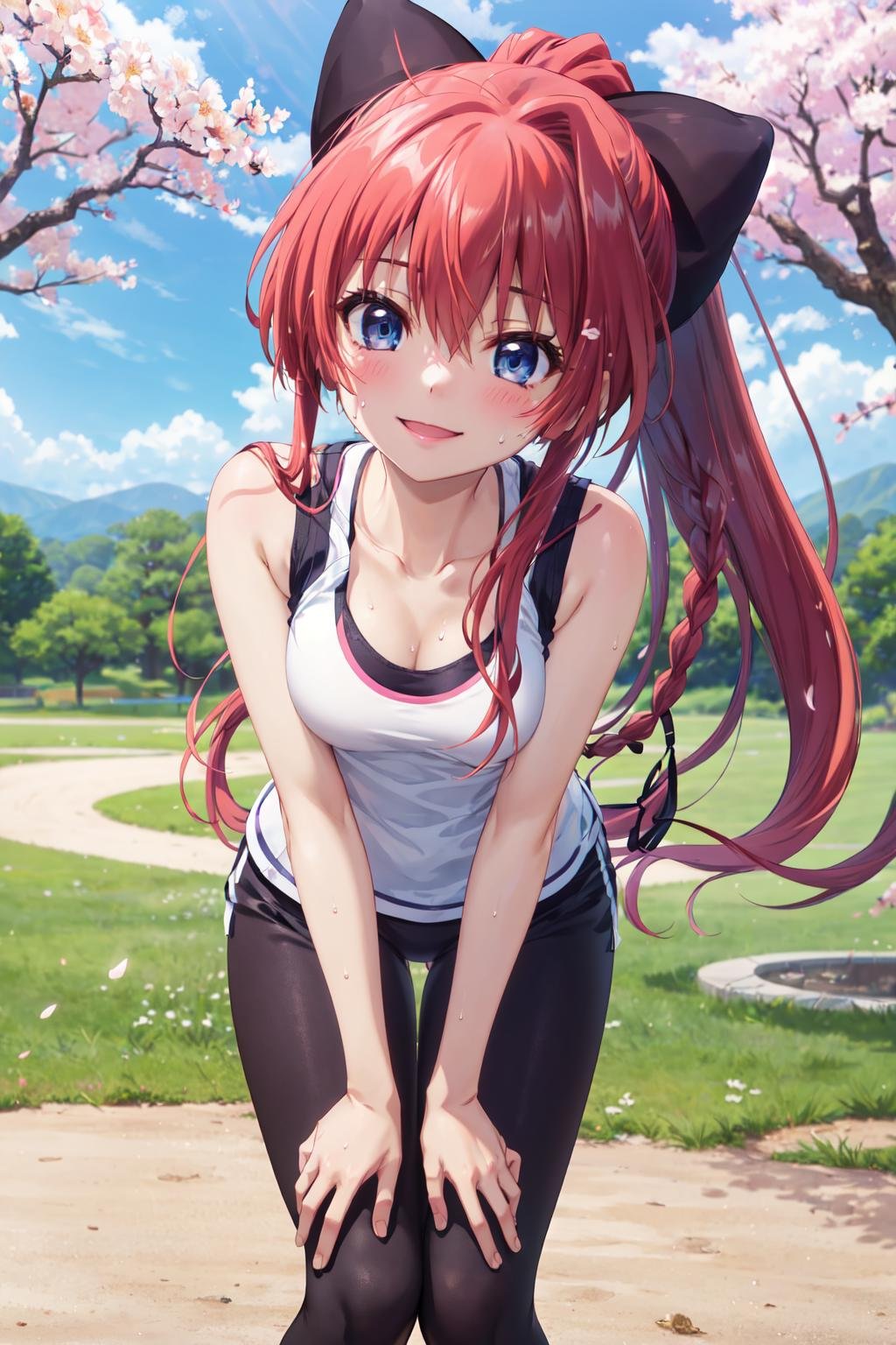 masterpiece,best quality,highres,ultra-detailed,inui sana,blue eyes,long hair,high ponytail,ahoge,braid,hair between eyes,bangs,hair bow,<lora:inui_sana:0.8>,sportswear,tank_top,leggings,outdoors,cherry blossoms,smile,sweat,leaning forward,hands_on_own_knees,