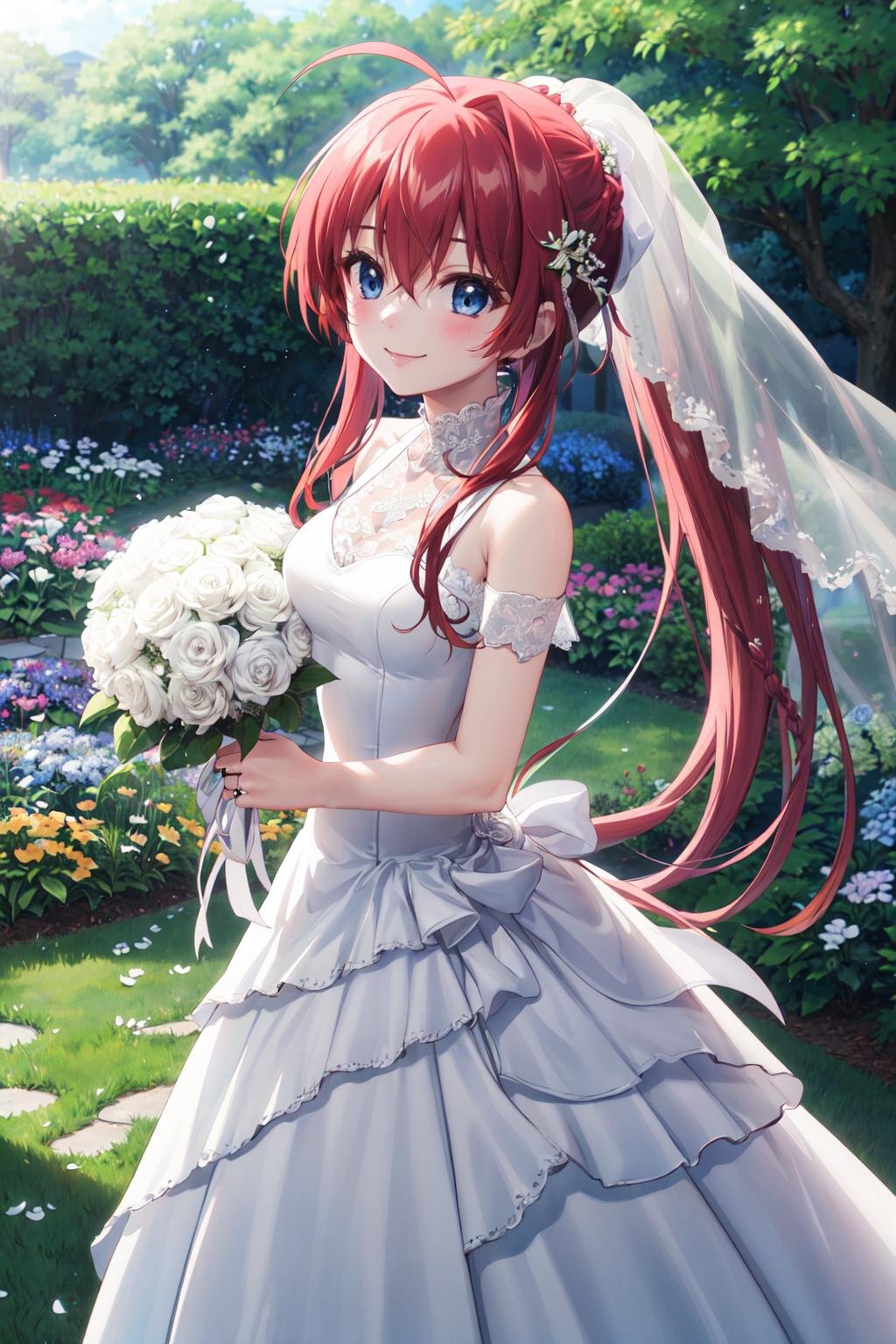 masterpiece,best quality,highres,ultra-detailed,inui sana,blue eyes,long hair,high ponytail,ahoge,braid,hair between eyes,bangs,hair bow,<lora:inui_sana:0.8>,(wedding dress:1.2),white dress,garden,smile,outdoors,standing,cowboy shot,holding bouquet,