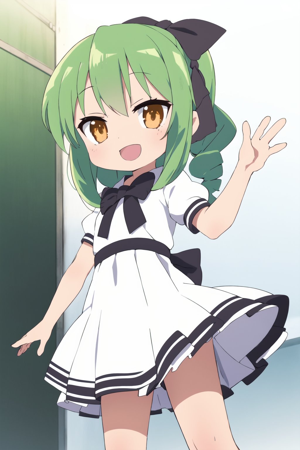 1girl,  solo,  :d,  (loli:1.5),  cowboy_shot,  twindrills,  green_hair,  orange_eyes,  :d,  puffy_sleeves,  short_sleeves,  puffy_short_sleeves,  dress,  white dress,  bow,  hair_bow,  black_bow,  dynamic_pose