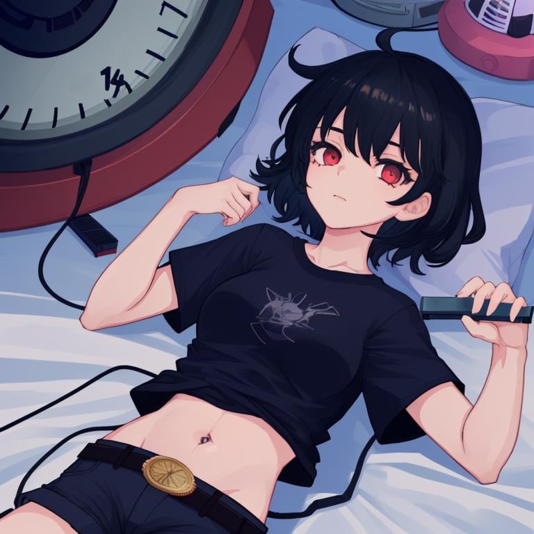 nadegata, 1girl, belt, black hair, black shirt, clock, electric fan, lying, midriff, navel, on back, shirt, short hair, short sleeves, shorts, solo 