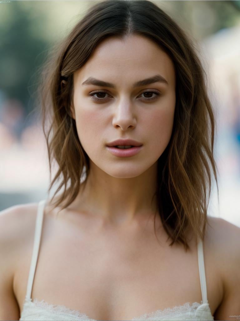 Realistic photo of a beautiful k31r4k-v2 woman, 1girl, solo, looking at viewer, short hair, brown hair, dress, bare shoulders, brown eyes, collarbone, upper body, parted lips, teeth, blurry, lips, realistic, soft lighting, professional Photography, Photorealistic, detailed, RAW, analog, sharp focus, 8k, HD, high quality, masterpiece<lora:k31r4k-v2:1.0>