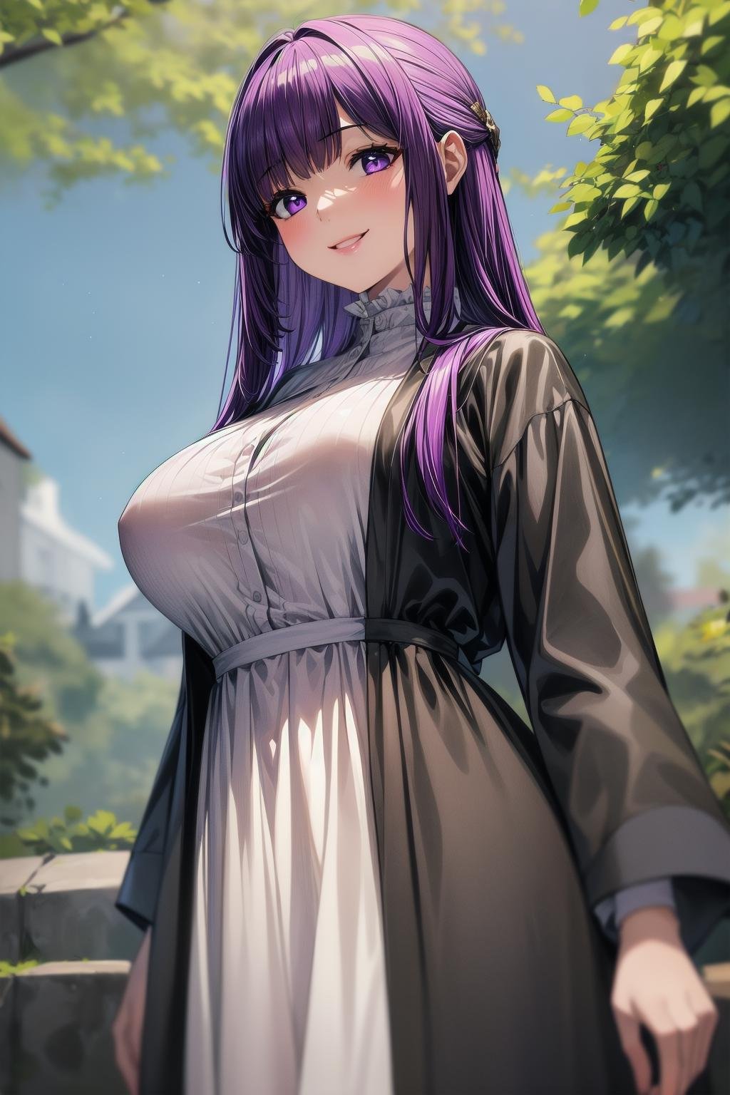 best quality, masterpiece, 1girl, (solo:1.1), raytracing, ultra detailed,detailed face, 8k wallpaper, wide hips, <lora:more_details:0.5>, FernNDV, 1girl, purple hair, purple eyes, large breasts, long hair, open clothes, black robe,long white dress, <lora:FernNDV:0.7>, smile, outdoor