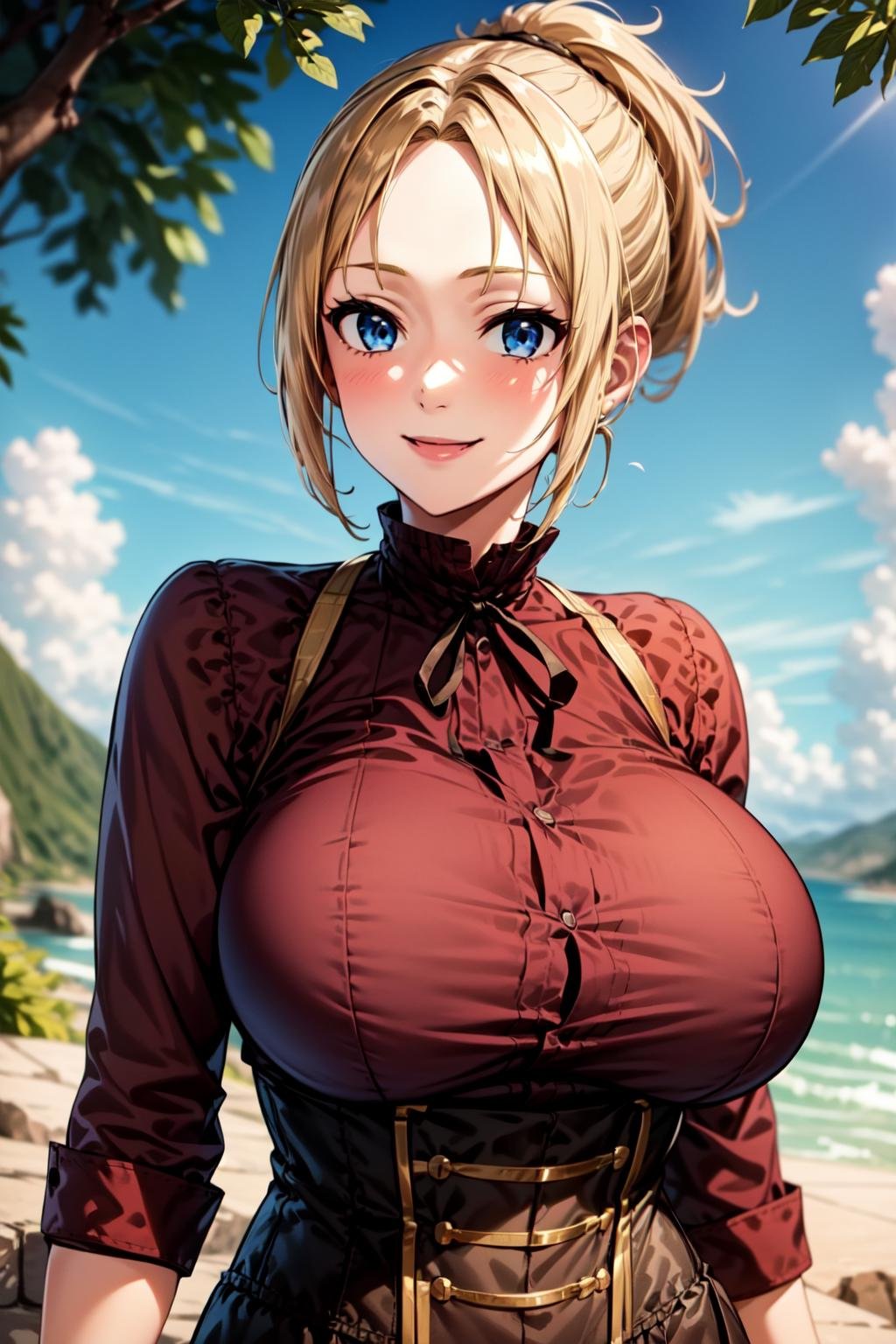 best quality, masterpiece, 1girl, (solo:1.1), raytracing, ultra detailed,detailed face, 8k wallpaper, (wide hips:1.1), <lora:more_details:0.5>, ZenithGreyratNDV, 1girl, blonde hair, blue eyes, large breasts, medium hair, ponytail, bangs, ribbon, collared shirt,  <lora:ZenithGreyratNDV:0.7>, mature female, outdoor, red shirt, brown skirt, corset, smile