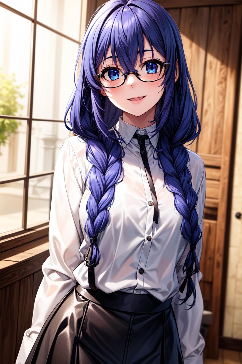 best quality, masterpiece, 1girl, (solo:1.1), raytracing, ultra detailed,detailed face, 8k wallpaper, (wide hips:0.8), <lora:more_details:0.5>, RoxyMigurdiaNDV, 1girl, blue hair, blue eyes, small breasts, long hair, hair between eyes, twin braids, indoor, leather skirt, white shirt, glasses,  <lora:RoxyMigurdiaNDV:0.7>, smile, 