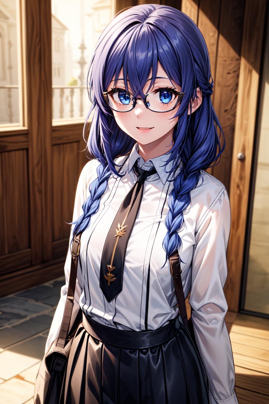 best quality, masterpiece, 1girl, (solo:1.1), raytracing, ultra detailed,detailed face, 8k wallpaper, (wide hips:0.8), <lora:more_details:0.5>, RoxyMigurdiaNDV, 1girl, blue hair, blue eyes, small breasts, long hair, hair between eyes, twin braids, indoor, leather skirt, white shirt, glasses,  <lora:RoxyMigurdiaNDV:0.7>, smile, 