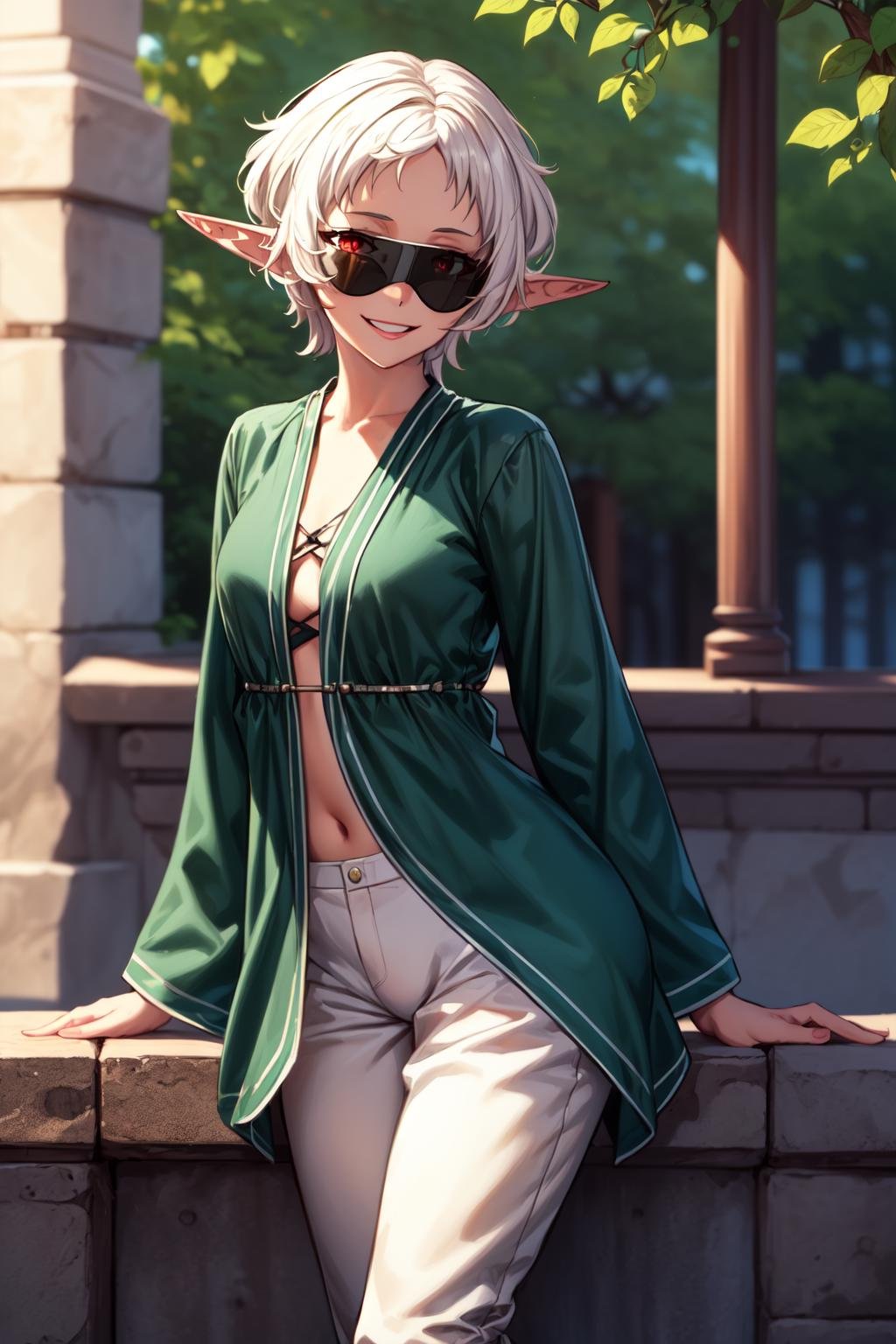 best quality, masterpiece, 1girl, (solo:1.1), raytracing, ultra detailed,detailed face, 8k wallpaper, wide hips, <lora:more_details:0.5>, SylphietteNDV, 1girl, white hair, red eyes, medium breasts, short hair, pointy ears, elf, pants, full sunglasses, shirt, green robe,  <lora:SylphietteNDV:0.6>, outdoor, smile