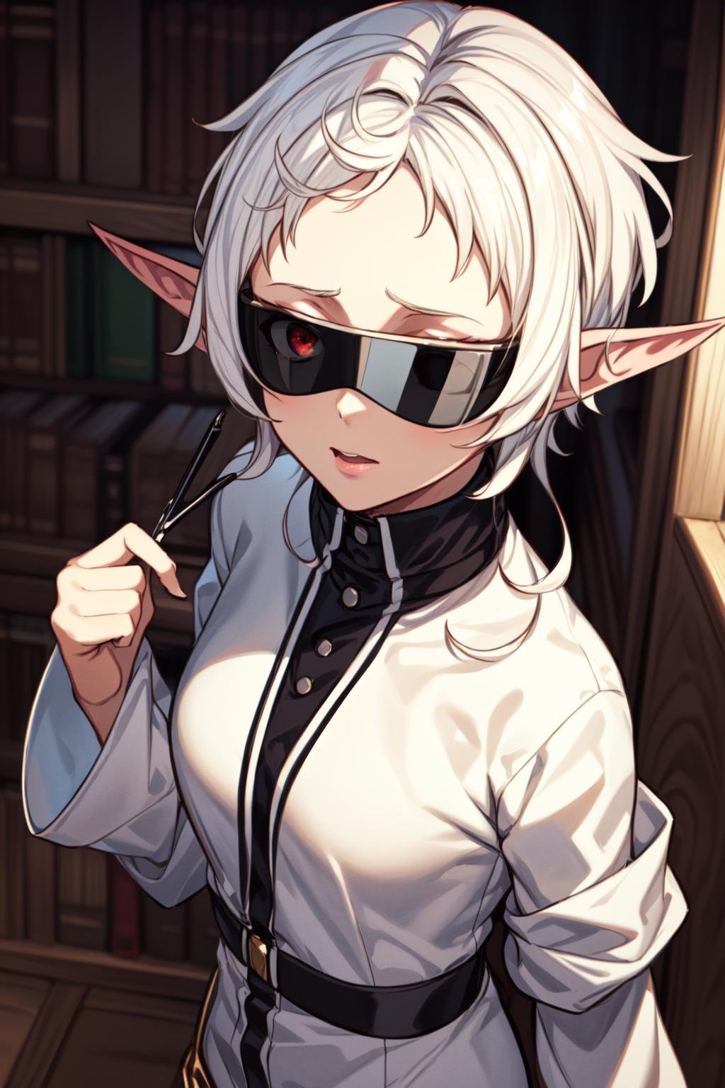 best quality, masterpiece, 1girl, (solo:1.1), raytracing, ultra detailed,detailed face, 8k wallpaper, (wide hips:0.8), <lora:more_details:0.5>, SylphietteNDV, 1girl, white hair, red eyes, medium breasts, short hair, pointy ears, elf, pants, full sunglasses, shirtm, green robe,  <lora:SylphietteNDV:0.7>, library