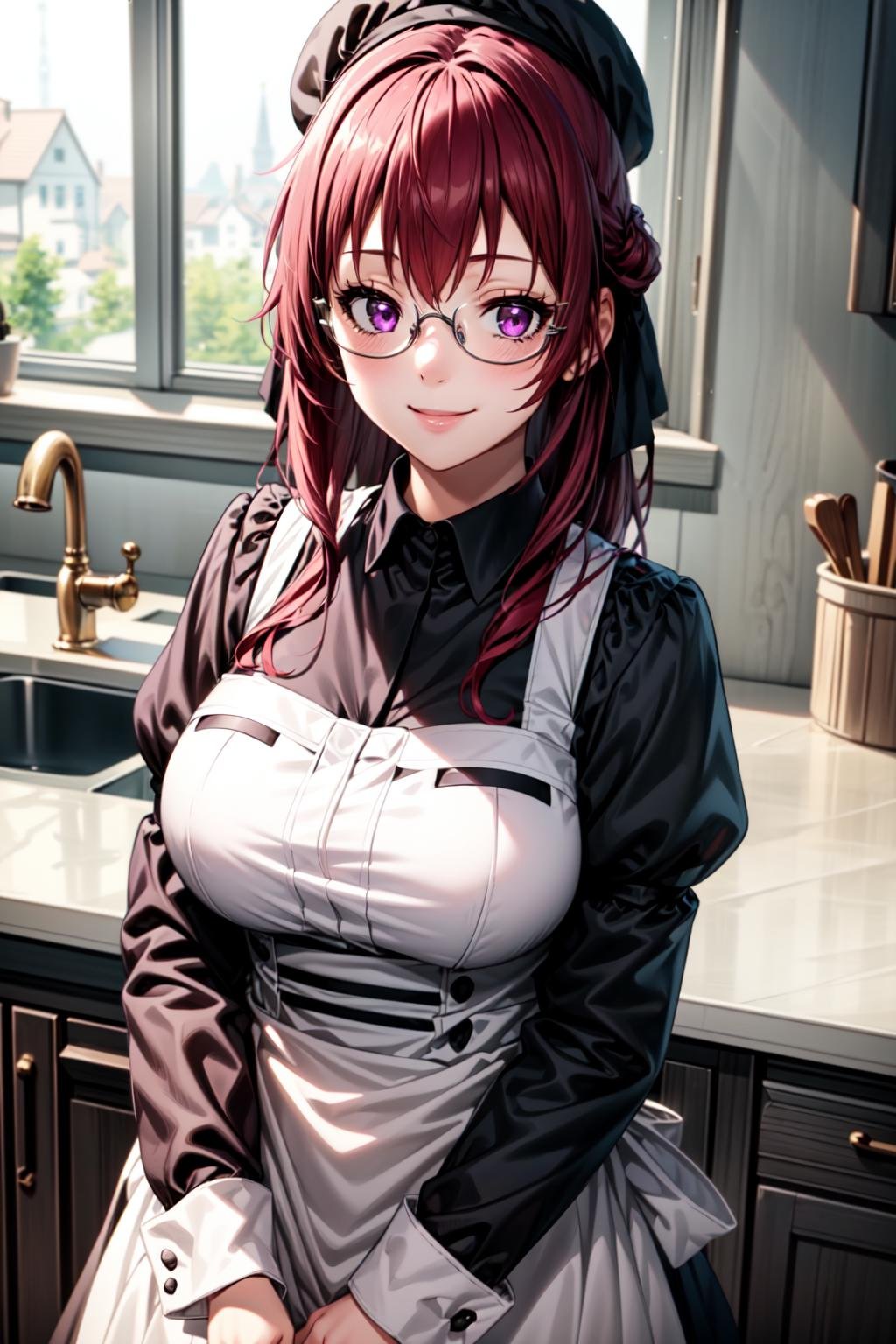 best quality, masterpiece, 1girl, (solo:1.1), raytracing, ultra detailed,detailed face, 8k wallpaper, wide hips, <lora:more_details:0.5>, LilliaGreyratNDV, 1girl, red hair, purple eyes, large breasts, long hair, maid hat, maid suit, glasses, apron,<lora:LilliaGreyratNDV:0.7>, kitchen, smile