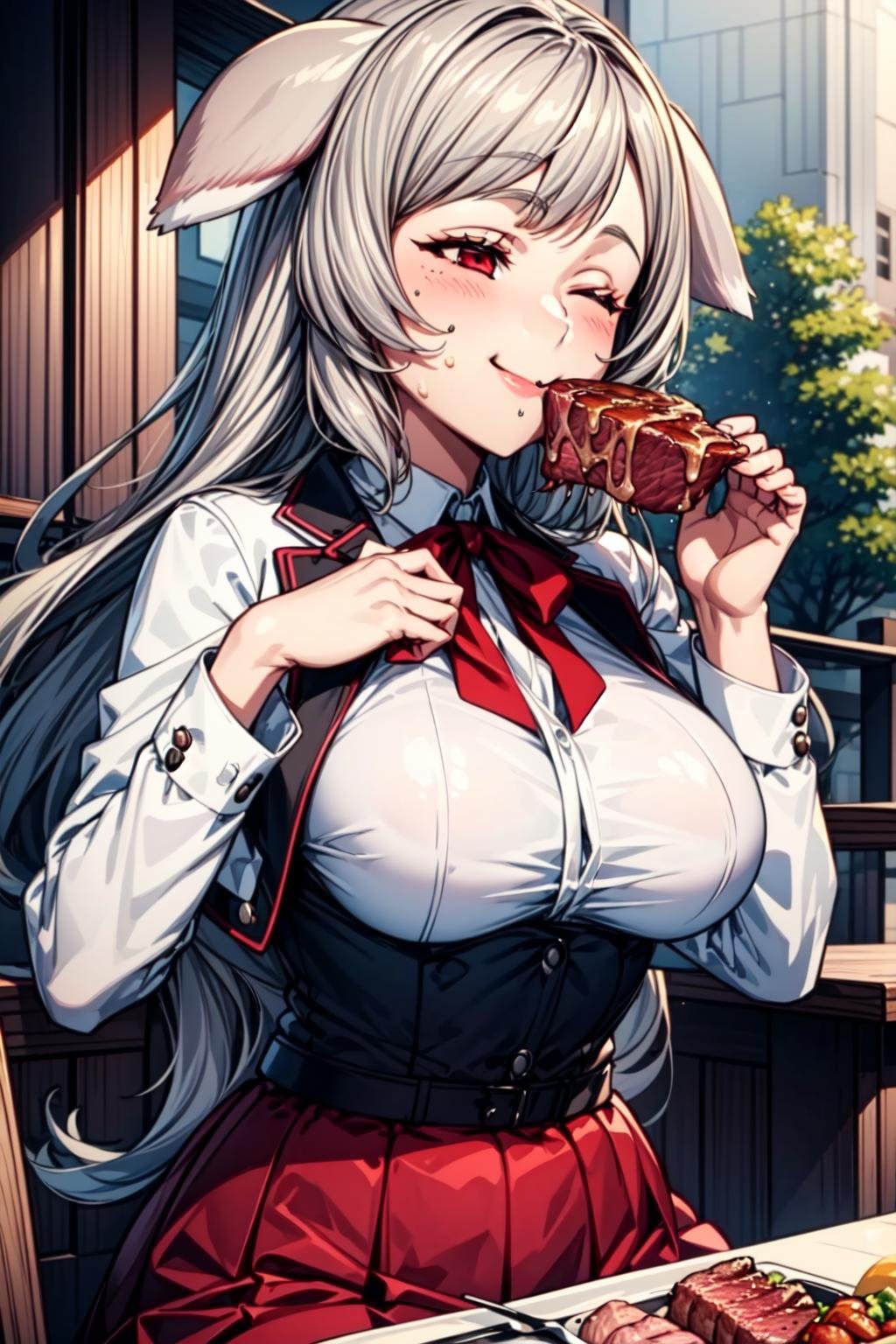 best quality, masterpiece, 1girl, (solo:1.1), raytracing, ultra detailed,detailed face, 8k wallpaper, wide hips, <lora:more_details:0.5>, PursenaAdoldiaNDV, 1girl, gray hair, red eyes, (large breasts:1.3), long hair, academy uniform, red skirt, white shirt, open jacket, corset, animal ears, dog ears, red bow, ribbon, outdoor, sitting, (eat, eating meat:1.3), meat, closed eyes, smile, hand on cheek,  <lora:PursenaAdoldiaNDV:0.6>