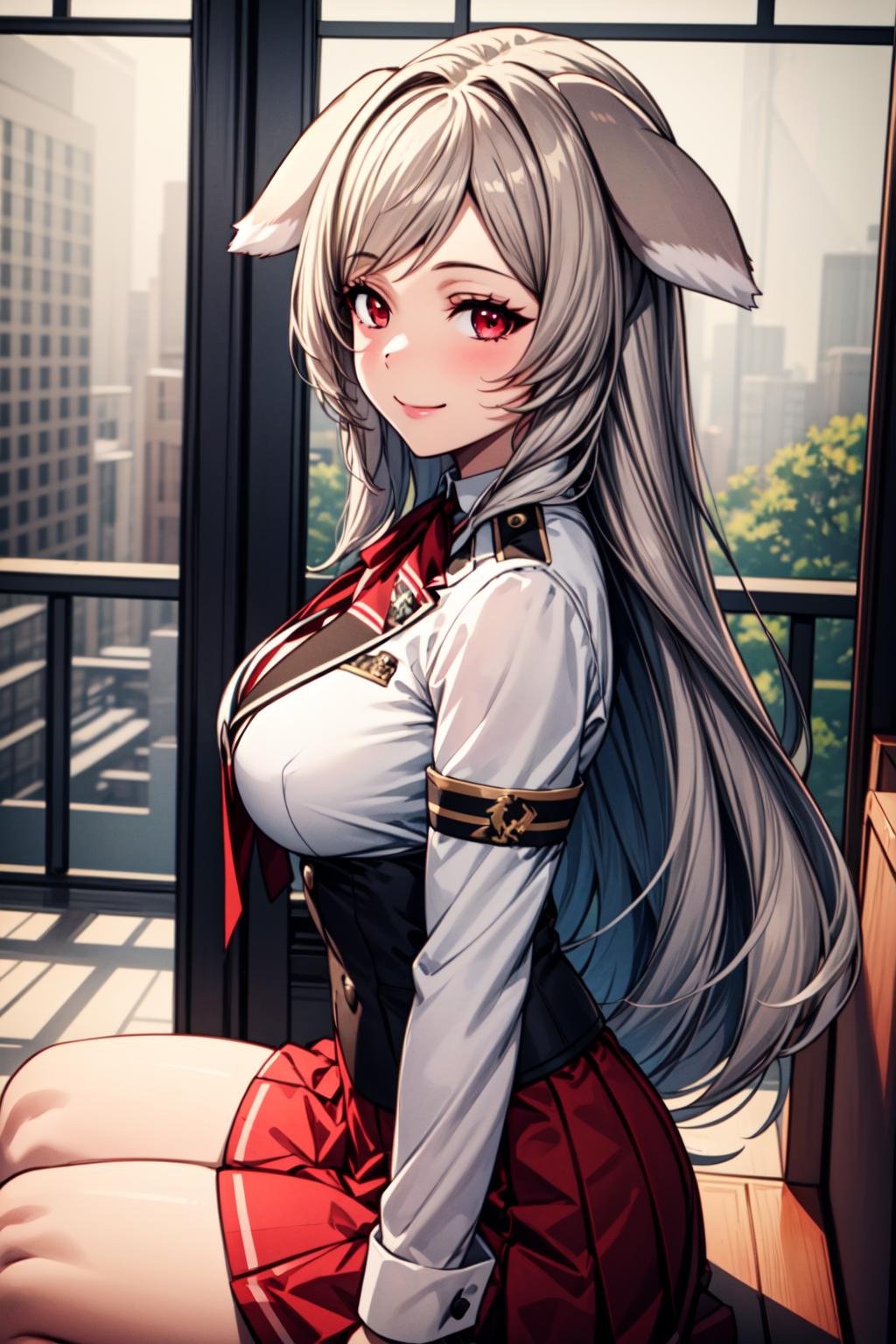 best quality, masterpiece, 1girl, (solo:1.1), raytracing, ultra detailed,detailed face, 8k wallpaper, wide hips, <lora:more_details:0.5>, PursenaAdoldiaNDV, 1girl, gray hair, red eyes, (large breasts:1.3), long hair, academy uniform, red skirt, white shirt, open jacket, corset, animal ears, dog ears, red bow, ribbon, indoor, sitting, smile, from side,  <lora:PursenaAdoldiaNDV:0.6>