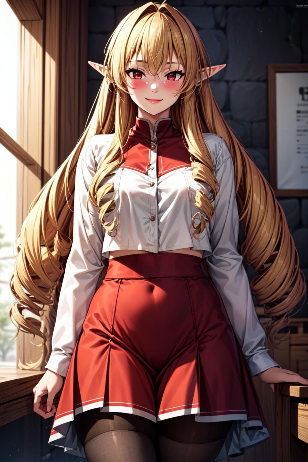 best quality, masterpiece, 1girl, (solo:1.1), raytracing, ultra detailed,detailed face, 8k wallpaper, wide hips, <lora:more_details:0.5>, ElinaliseDragonroadNDV, 1girl, blonde hair, red eyes, medium breasts, very long hair, elf, pointy ears, drill hair, smile, blush, red skirt, white shirt, pantyhose,  <lora:ElinaliseDragonroadNDV:0.7>