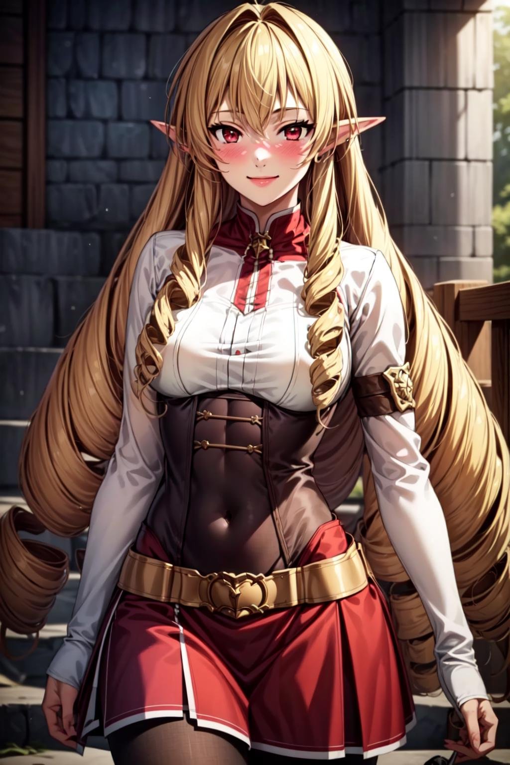 best quality, masterpiece, 1girl, (solo:1.1), raytracing, ultra detailed,detailed face, 8k wallpaper, wide hips, <lora:more_details:0.5>, ElinaliseDragonroadNDV, 1girl, blonde hair, red eyes, medium breasts, very long hair, elf, pointy ears, drill hair, smile, blush, red skirt, white shirt, pantyhose,  <lora:ElinaliseDragonroadNDV:0.7>