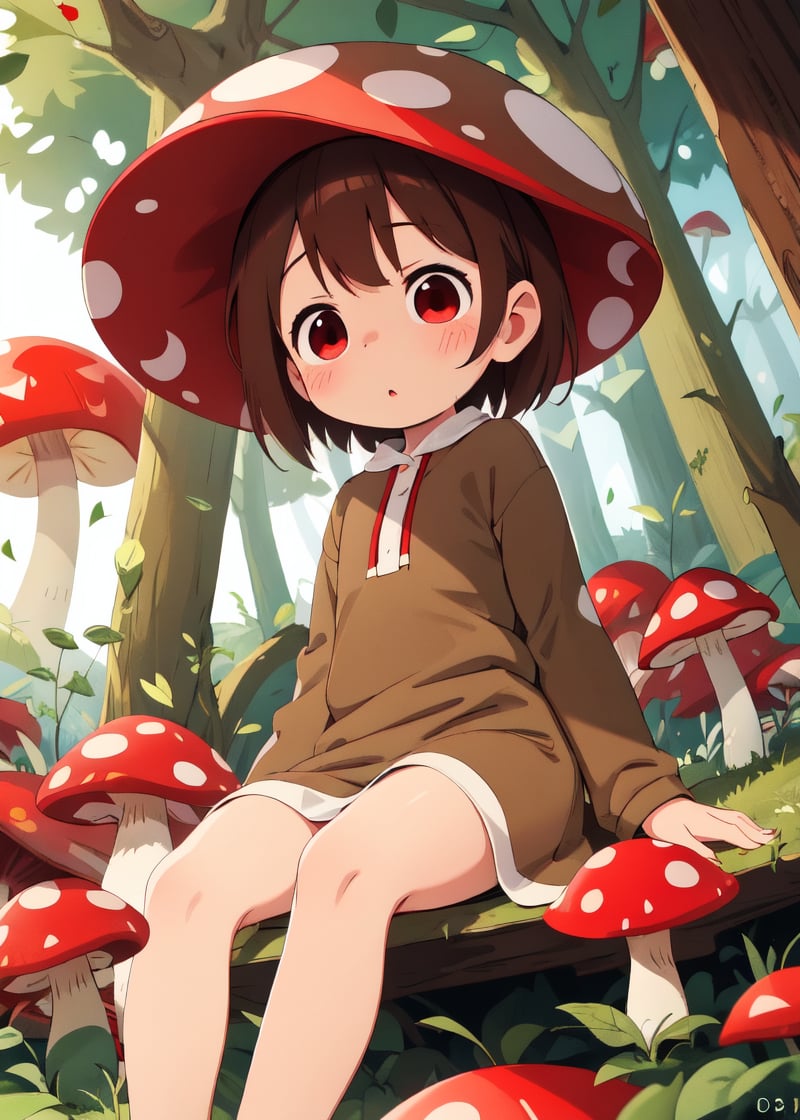 cute loli, ultradetailed, petite loli, brown hair, green forest, red mushroom hat, red eyes, mushroom forest background<lora:Ichigo_Mashimaro:0.55>