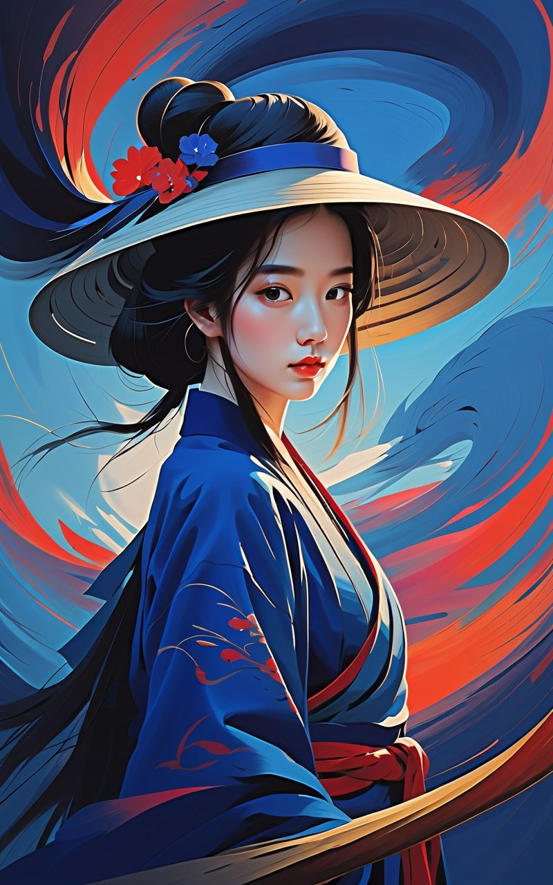  (abstract art:1.4), masterpiece, best quality, ultra high res, beautiful, visually stunning, (1girl:1.3), (dark blue theme:1.2), deep blue, cowboy shot,girl,wuxia,Chinese style,(Small chest:0.75),niji, sunlight, monkren