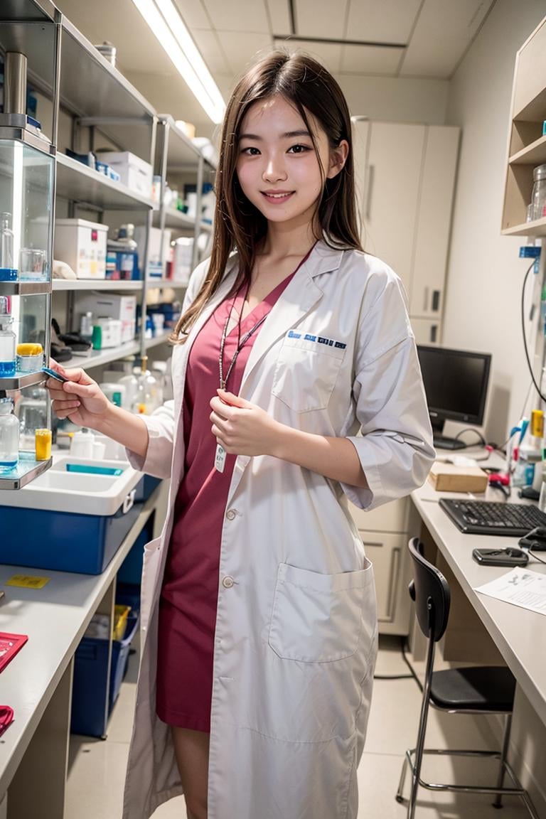 18 year old short korean nurse, wearing lab coat, very long straight hair, standing in a laboratory, smile,