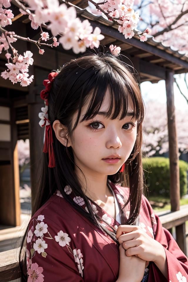 japanese 1girl,20yo,cute detailed face,miko,kimono,long hair,black eyes, cherry blossoms,sharp focus,shrine, cinematic lighting,