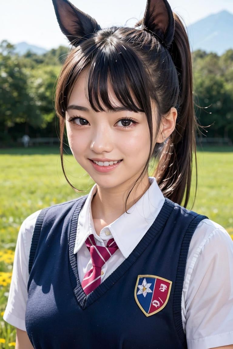 1girl,18yo,japanese idol,beautiful and cute face,smile ,school uniform,horse ears,ponytail,light brown hair,meadow,dim lighting