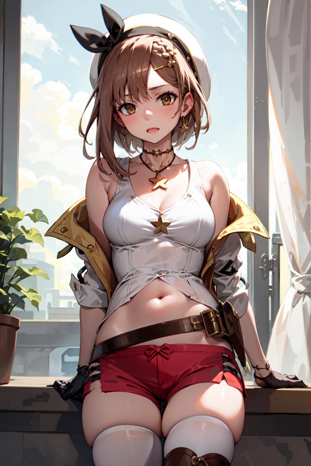 a girl, medium breasts, red shorts, white shirt, sleevless, (single glove), hair ornament, sleeveless jacket, midriff, thighhighs, thighhighs under boots, leather belt, collarbone, star necklace <lora:KitsuneAi-Ryza-LoCon32-V1:1>