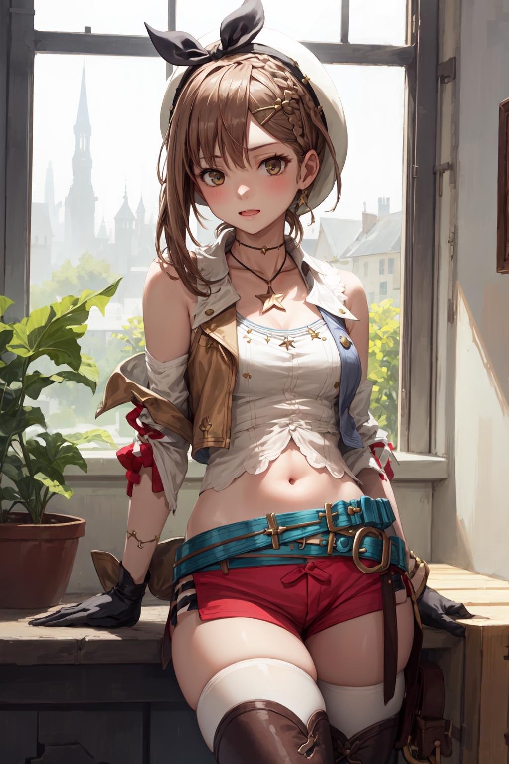 a girl, medium breasts, red shorts, white shirt, sleevless, (single glove), hair ornament, sleeveless jacket, midriff, thighhighs, thighhighs under boots, leather belt, collarbone, star necklace <lora:KitsuneAi-Ryza-LoCon32-V1:1>