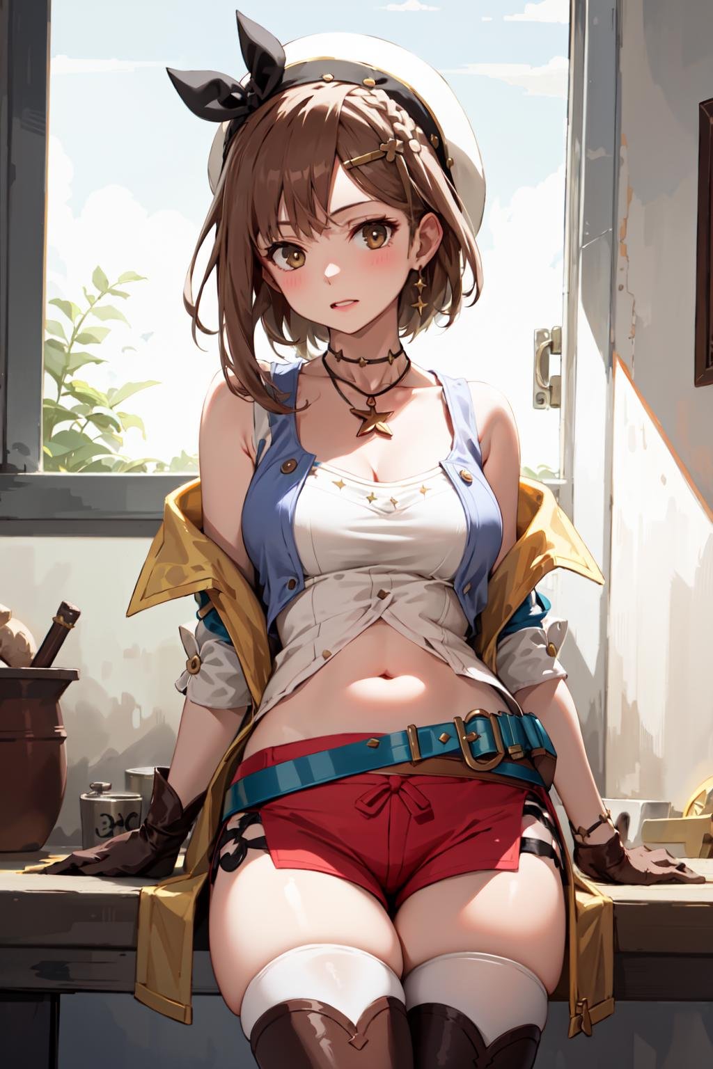 a girl, medium breasts, red shorts, white shirt, sleevless, (single glove), hair ornament, sleeveless jacket, midriff, thighhighs, thighhighs under boots, leather belt, collarbone, star necklace <lora:KitsuneAi-Ryza-LoCon32-V1:1>