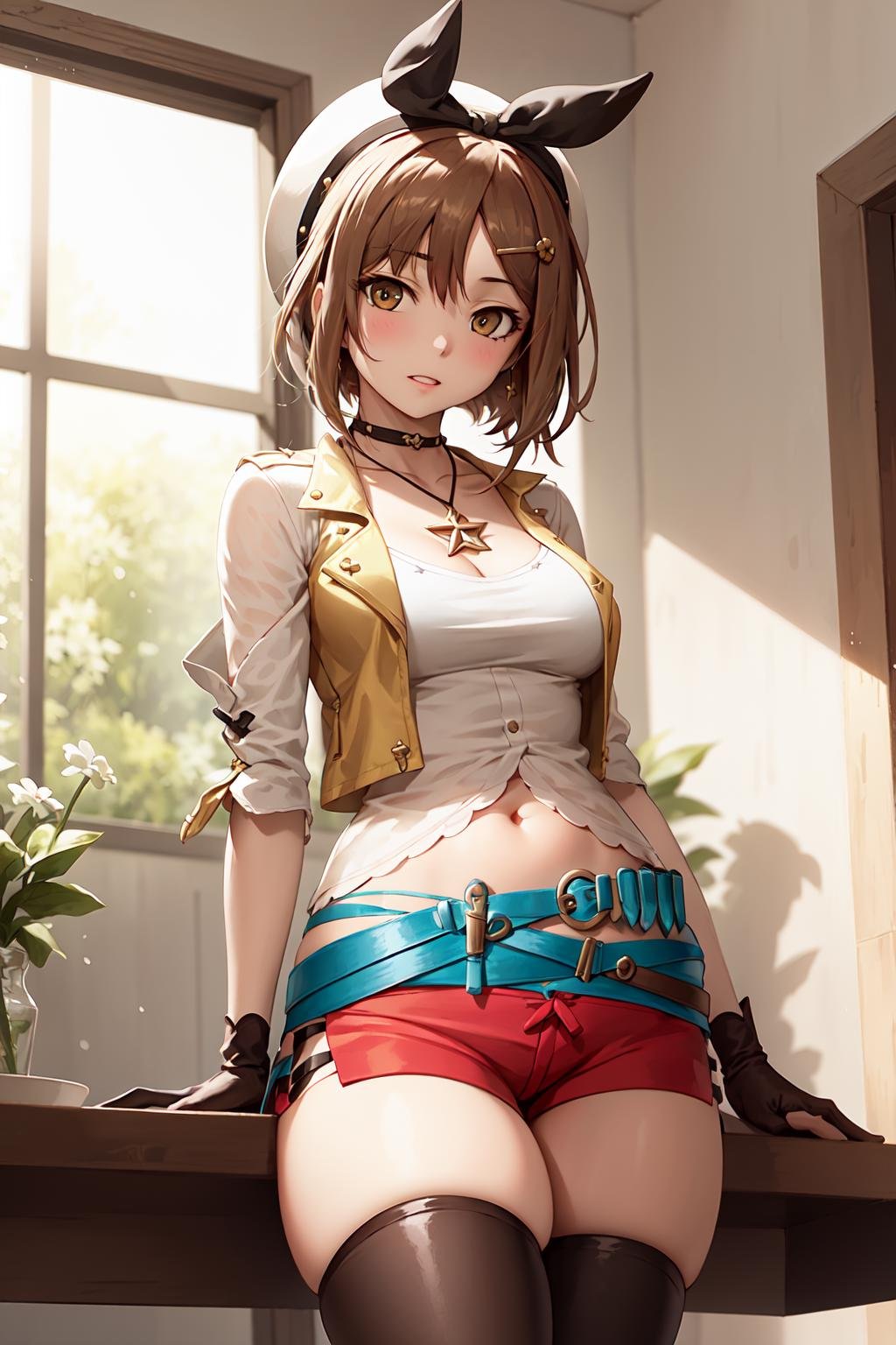 a girl, medium breasts, red shorts, white shirt, sleevless, (single glove), hair ornament, sleeveless jacket, midriff, thighhighs, thighhighs under boots, leather belt, collarbone, star necklace <lora:KitsuneAi-Ryza-LoCon32-V1:1>