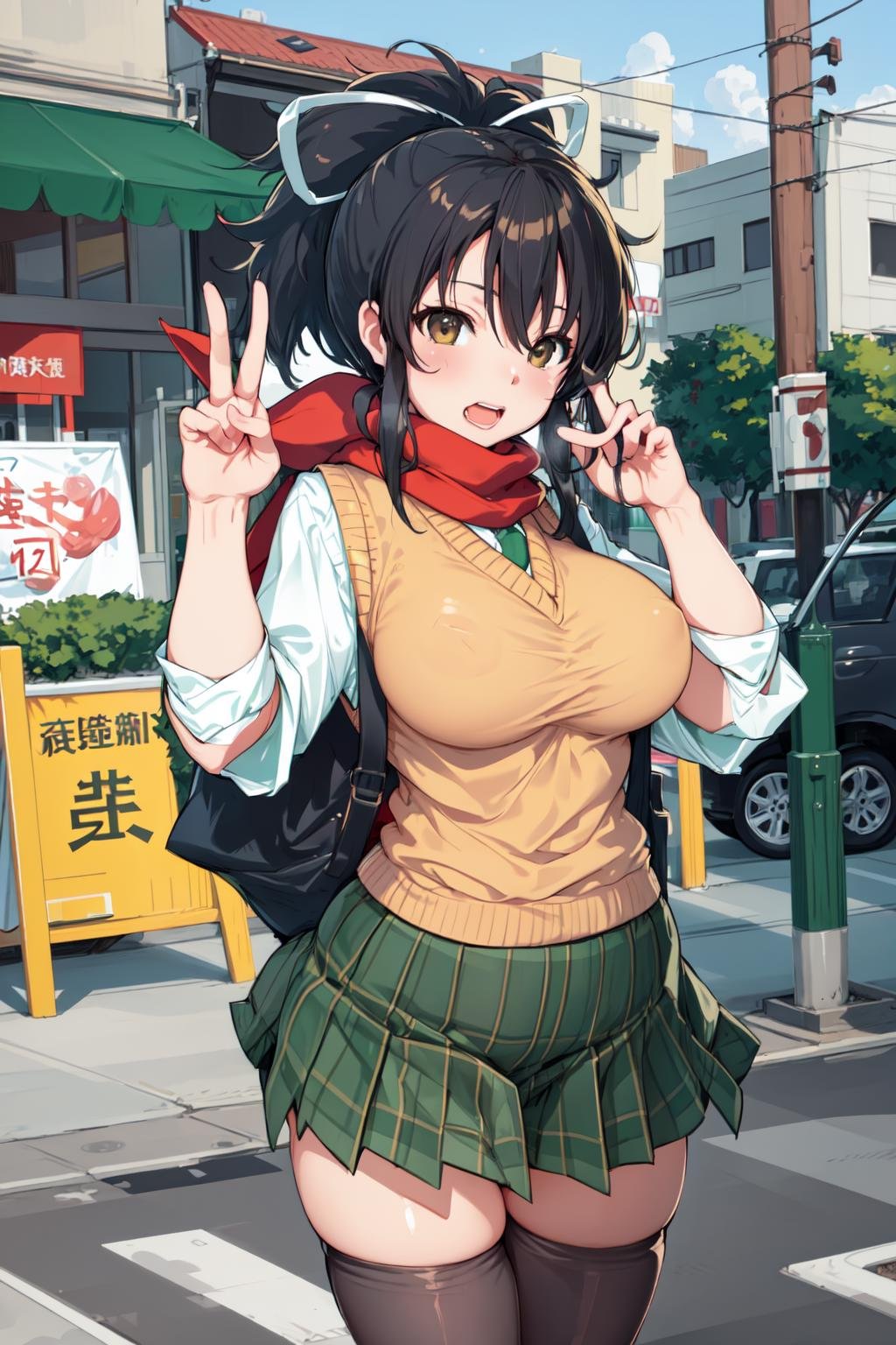 photography, on the street, tokyo, asuka \(senran kagura\), 1girl, red scarf, green skirt, sweater vest, thighhighs, <lyco:KitsuneAi-AsukaSRK-LoCon32V1-000006:1.0>