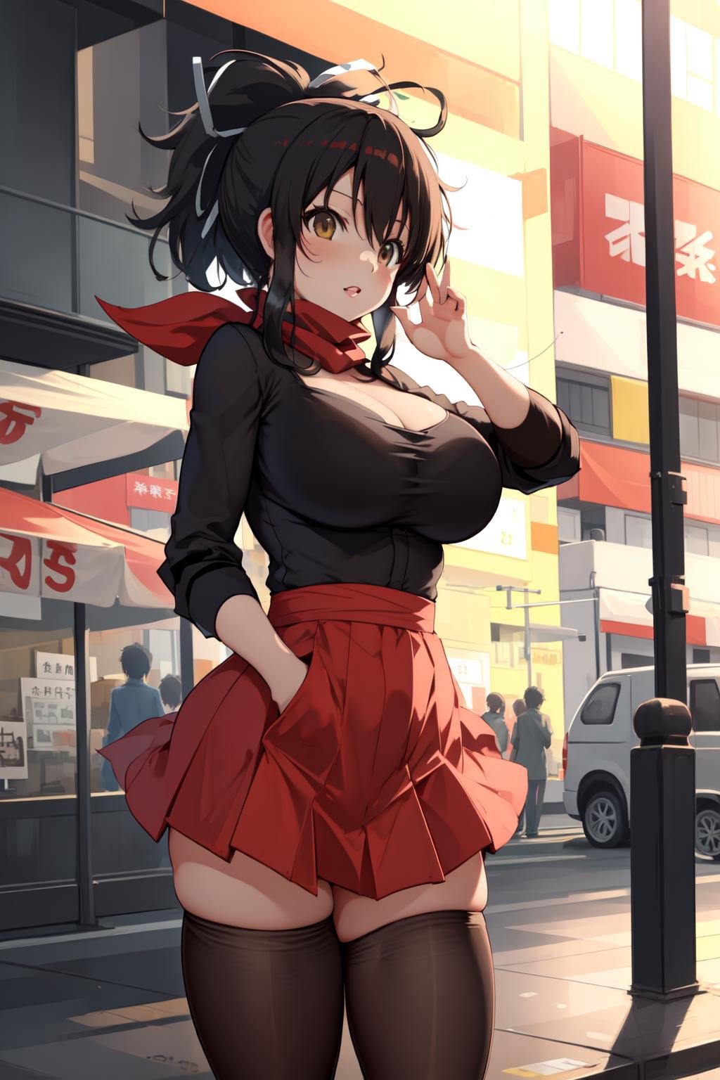 photography, on the street, tokyo, asuka \(senran kagura\), 1girl, red scarf, black dress, thighhighs, hair ribbon, <lyco:KitsuneAi-AsukaSRK-LoCon32V1-000006:1.0>,